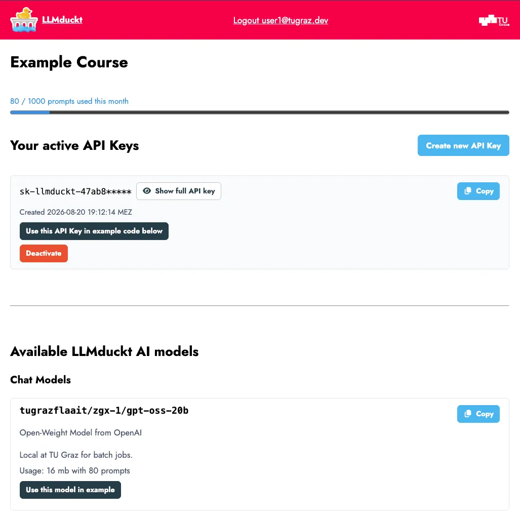 Bildschirmfoto der LLMduckt-Oberfläche: die Liste der für den Kurs freigegebenen AI-Modelle und darunter der persönliche API-Schlüssel.